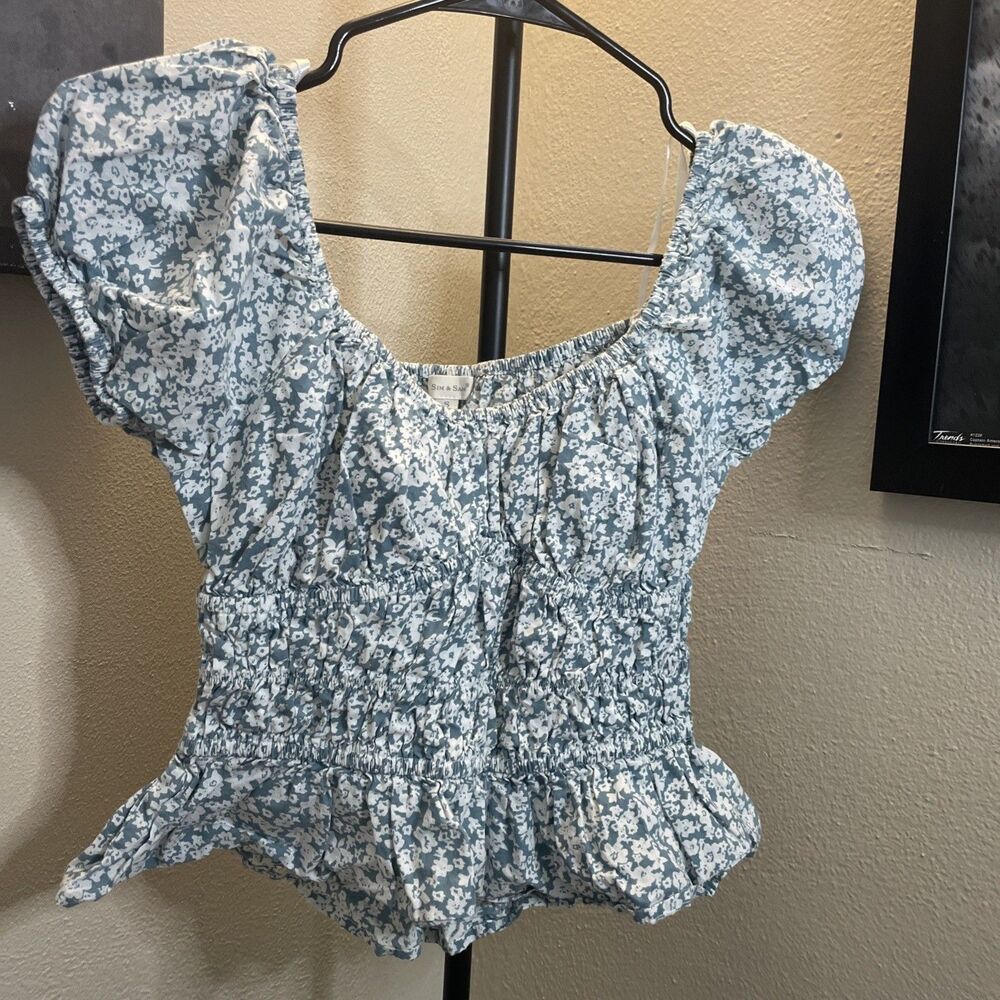 Sim & Sam Floral Smocked Crop Top Small Puff Sleeve Cottagecore Milkmaid Prairie